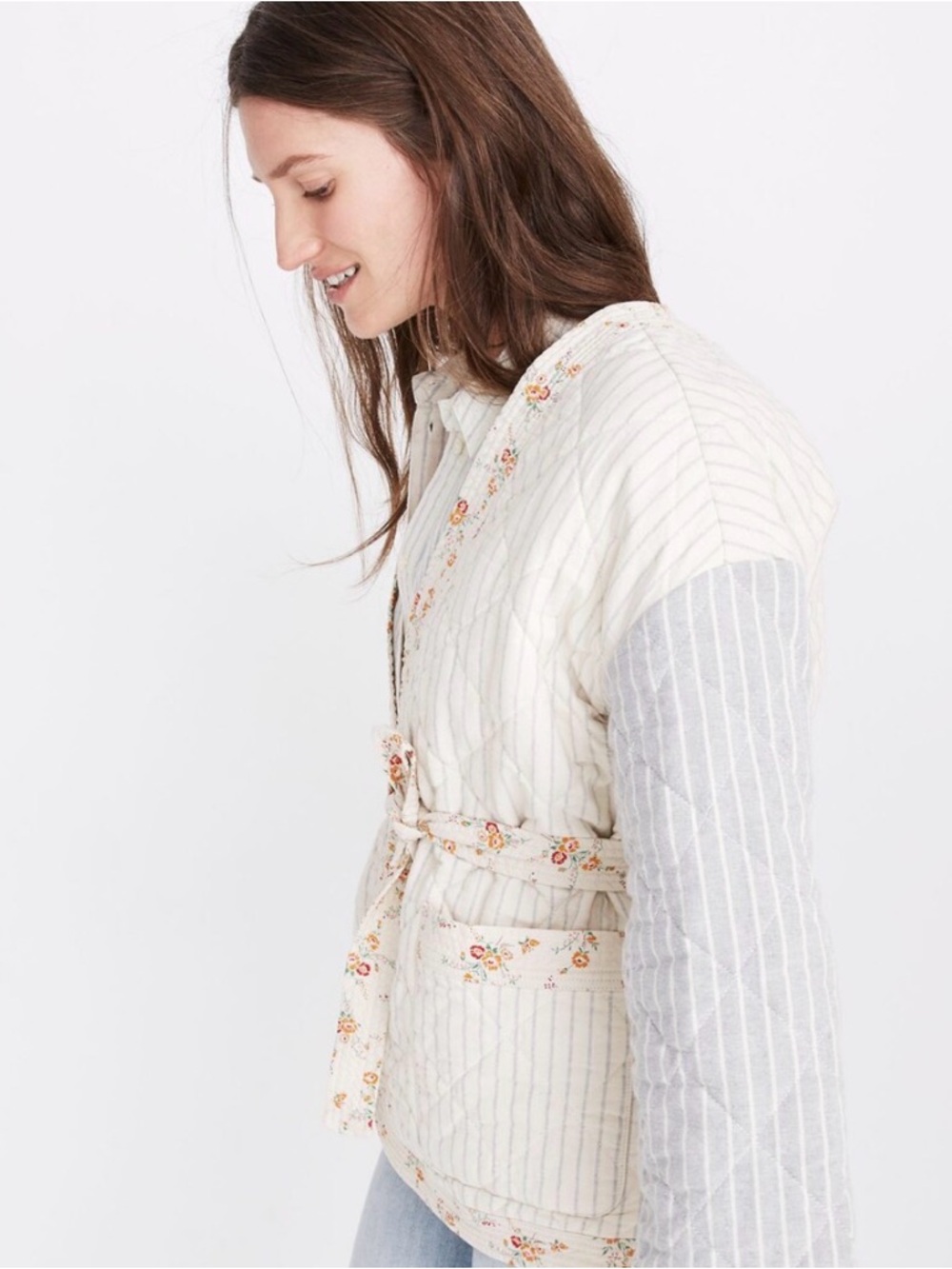 Madewell x New Denim Project Quilted Floral-Trim Jacket in Cream & Light Blue - Picture 3 of 15